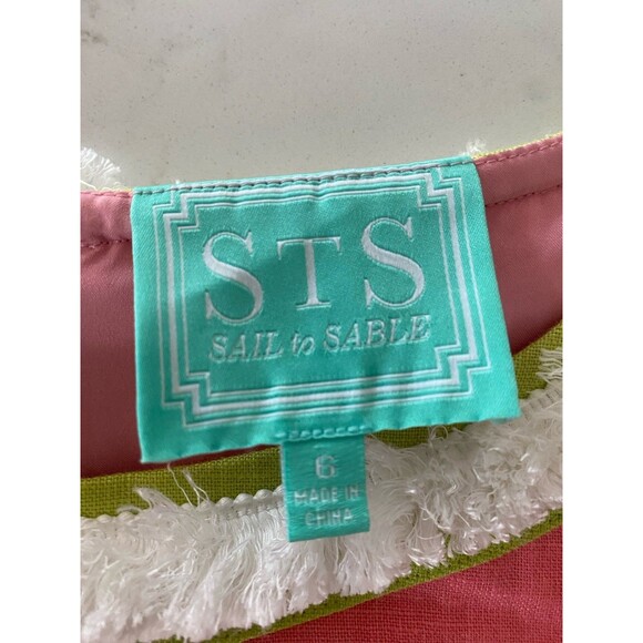 STS Sail to Sable Pink Dress/Green-White Trim Short Sleeve Size 6 Linen Lined - Picture 2 of 8